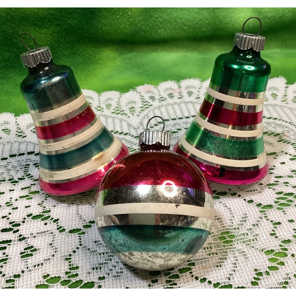 Vintage Shiny Brite Glass Christmas Ornaments Striped Lot of 3 MCM Mid Century